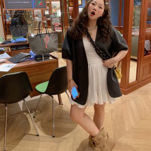 Plus-Size Women's Short-Sleeved Blazer, No Collar, Thin Summer Suit Jacket in Gray - High-End Quality Fashion Outerwear