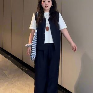 Plus-Size Women's Solid Color Short-Sleeve T-Shirt & Wide-Leg Pants Three-Piece Set - Versatile Summer Fashion Ensemble