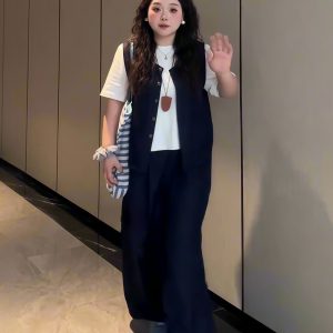 Plus-Size Women's Solid Color Short-Sleeve T-Shirt & Wide-Leg Pants Three-Piece Set - Versatile Summer Fashion Ensemble