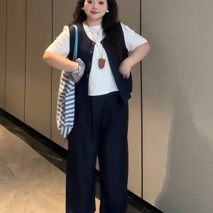 Plus-Size Women's Solid Color Short-Sleeve T-Shirt & Wide-Leg Pants Three-Piece Set - Versatile Summer Fashion Ensemble