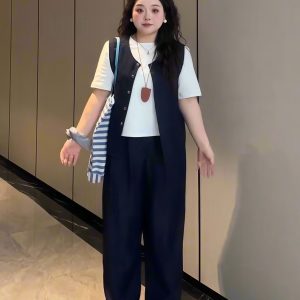 Plus-Size Women's Solid Color Short-Sleeve T-Shirt & Wide-Leg Pants Three-Piece Set - Versatile Summer Fashion Ensemble