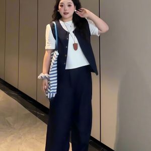 Plus-Size Women's Solid Color Short-Sleeve T-Shirt & Wide-Leg Pants Three-Piece Set - Versatile Summer Fashion Ensemble