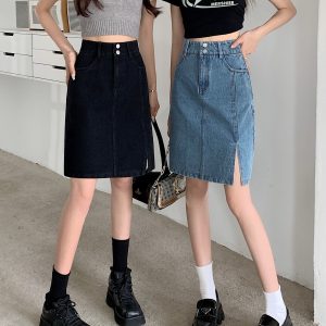Plus Size Women's Summer Mid-Length High-Waisted A-Line Denim Skirt with Slimming Split - Korean Style Bodycon Fashion