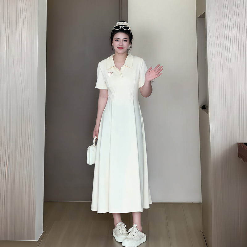 Plus-Size Women's Summer Polo Collar Short Sleeve A-Line Dress, Waist-Cinching Slimming Fit, College Style, Trendy and Elegant Look
