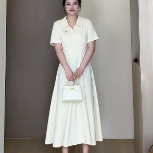 Plus-Size Women's Summer Polo Collar Short Sleeve A-Line Dress, Waist-Cinching Slimming Fit, College Style, Trendy and Elegant Look