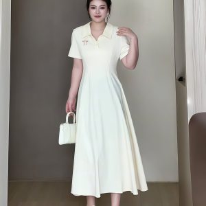 Plus-Size Women's Summer Polo Collar Short Sleeve A-Line Dress, Waist-Cinching Slimming Fit, College Style, Trendy and Elegant Look