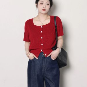 Plus Size Women's Summer Short Sleeve Ice Silk Knitted Top - Flattering Square Neck French Style Blouse for Curvy Figures