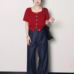 Plus Size Women's Summer Short Sleeve Ice Silk Knitted Top - Flattering Square Neck French Style Blouse for Curvy Figures