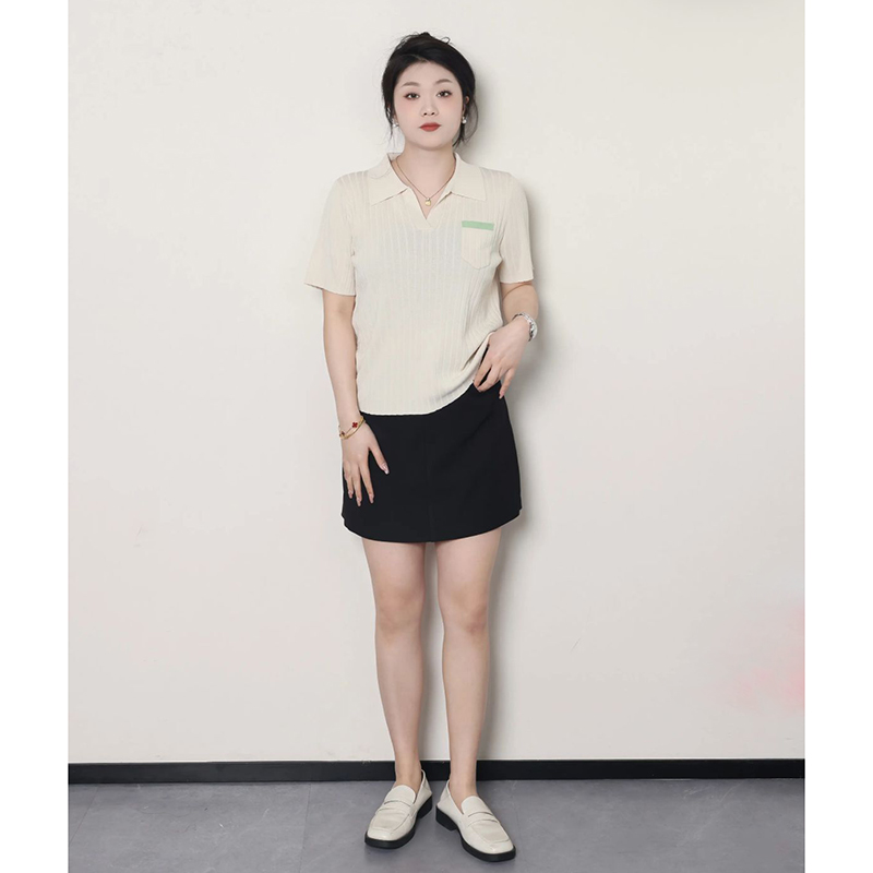 Plus Size Women's Summer Short Sleeve Ice Silk Polo Knitted Top, Slimming Design, Belly Covering, Lightweight Casual Wear
