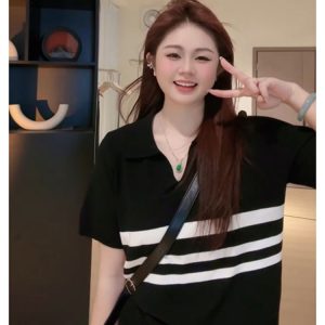 Plus Size Women's Summer Short Sleeve Striped Polo Collar Knitted Top - Slimming & Youthful Design for a Chic Look