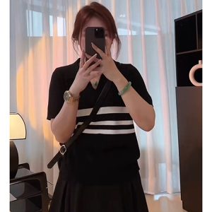Plus Size Women's Summer Short Sleeve Striped Polo Collar Knitted Top - Slimming & Youthful Design for a Chic Look
