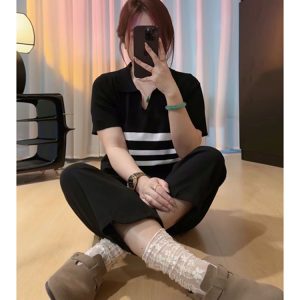 Plus Size Women's Summer Short Sleeve Striped Polo Collar Knitted Top - Slimming & Youthful Design for a Chic Look