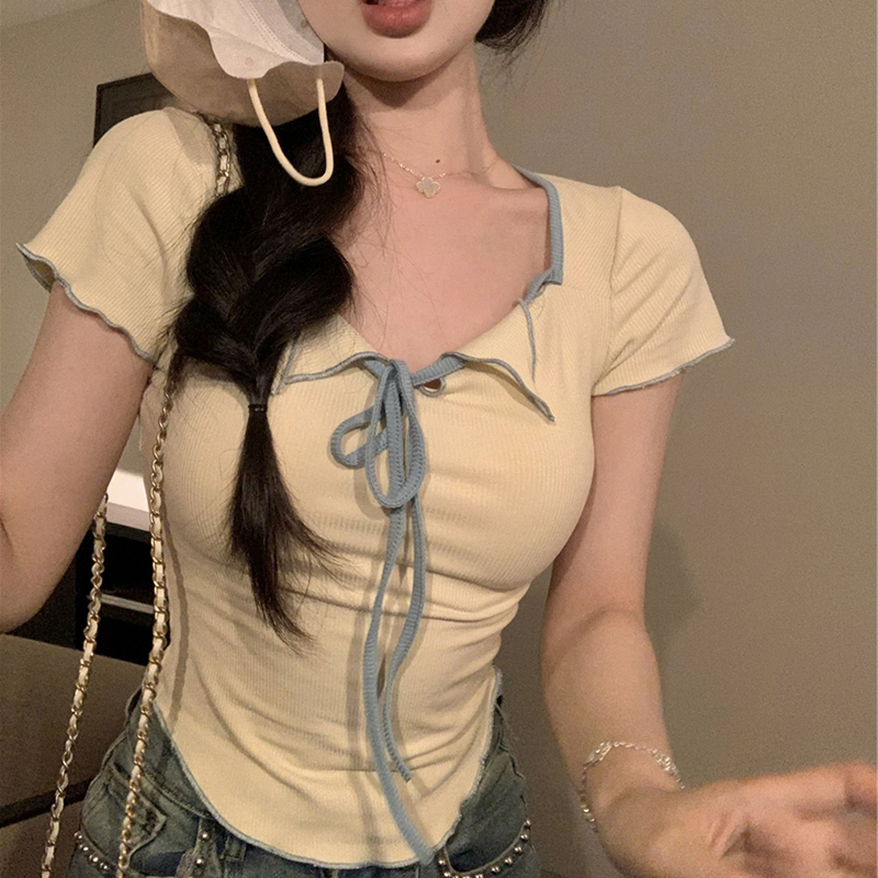 Plus Size Women's Summer Short Sleeve T-Shirt – Spicy Slim Fit Tummy-Covering Tie Top for a Trendy Look