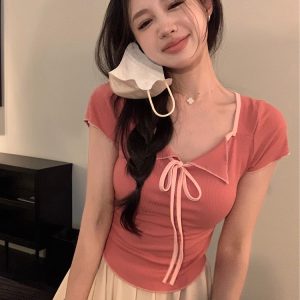 Plus Size Women's Summer Short Sleeve T-Shirt – Spicy Slim Fit Tummy-Covering Tie Top for a Trendy Look