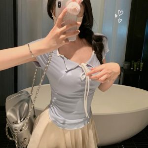 Plus Size Women's Summer Short Sleeve T-Shirt – Spicy Slim Fit Tummy-Covering Tie Top for a Trendy Look