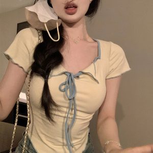 Plus Size Women's Summer Short Sleeve T-Shirt – Spicy Slim Fit Tummy-Covering Tie Top for a Trendy Look