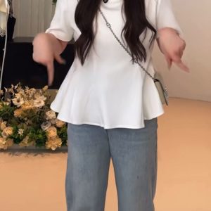 Plus Size Women's Summer Short Sleeve T-shirt with Lotus Leaf Edges, Flattering Design for Chubby Figures, Versatile Youthful Style