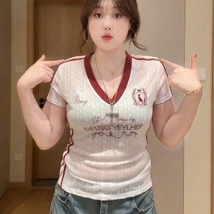 Plus-Size Women's V-Neck Sheer Lace Embroidered Short Sleeve T-Shirt - Summer Slim-Fit American Style for Curvy Figures