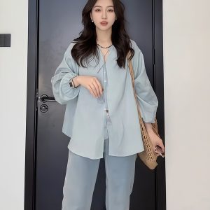 Plus-Size Women's Vintage Embroidered V-Neck Shirt - Loose, Flattering Summer Top for Curvy Figures - Versatile French Style