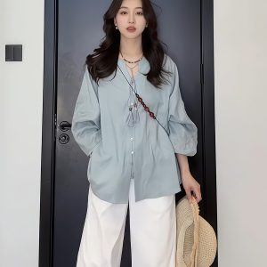 Plus-Size Women's Vintage Embroidered V-Neck Shirt - Loose, Flattering Summer Top for Curvy Figures - Versatile French Style