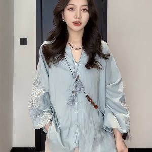 Plus-Size Women's Vintage Embroidered V-Neck Shirt - Loose, Flattering Summer Top for Curvy Figures - Versatile French Style