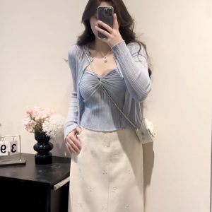 Plus Size Women's Vintage Knitted Vest Top and Slim-Fit Long Sleeve Cardigan Set for Spring and Autumn Fashion