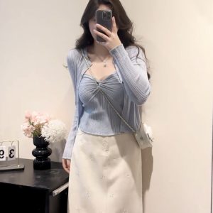 Plus Size Women's Vintage Knitted Vest Top and Slim-Fit Long Sleeve Cardigan Set for Spring and Autumn Fashion