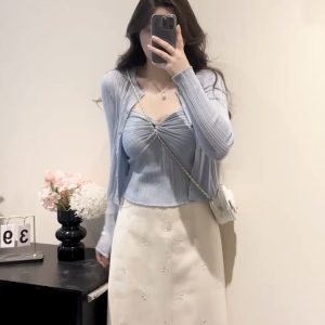 Plus Size Women's Vintage Knitted Vest Top and Slim-Fit Long Sleeve Cardigan Set for Spring and Autumn Fashion