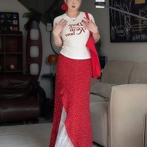 Plus Size Women's Vintage Letter Print Short Sleeve T-Shirt Summer Outfit with Red Polka Dot Skirt Two-Piece Set
