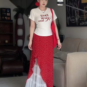 Plus Size Women's Vintage Letter Print Short Sleeve T-Shirt Summer Outfit with Red Polka Dot Skirt Two-Piece Set