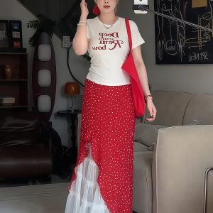 Plus Size Women's Vintage Letter Print Short Sleeve T-Shirt Summer Outfit with Red Polka Dot Skirt Two-Piece Set