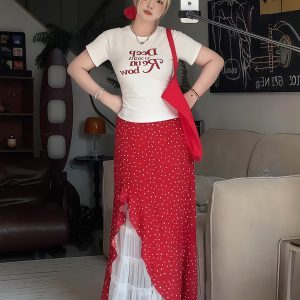 Plus Size Women's Vintage Letter Print Short Sleeve T-Shirt Summer Outfit with Red Polka Dot Skirt Two-Piece Set