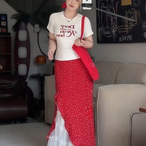 Plus Size Women's Vintage Letter Print Short Sleeve T-Shirt Summer Outfit with Red Polka Dot Skirt Two-Piece Set