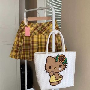 Plus Size Yellow Checkered Pleated Skirt for Women, High-Waisted A-Line Design, Summer College Style, Short Skirt for Petite Fashion