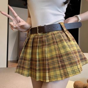 Plus Size Yellow Plaid Midi Skirt for Women - American Retro College Style High Waist Pleated A-Line Short Skirt Summer Fashion