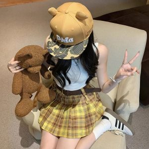 Plus Size Yellow Plaid Midi Skirt for Women - American Retro College Style High Waist Pleated A-Line Short Skirt Summer Fashion