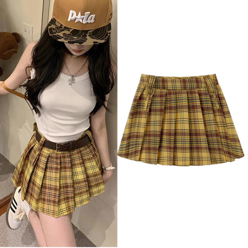 Plus Size Yellow Plaid Midi Skirt for Women - American Retro College Style High Waist Pleated A-Line Short Skirt Summer Fashion