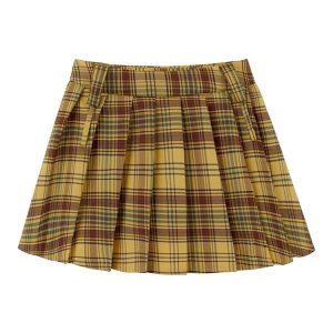 Plus Size Yellow Plaid Midi Skirt for Women - American Retro College Style High Waist Pleated A-Line Short Skirt Summer Fashion