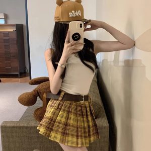 Plus Size Yellow Plaid Midi Skirt for Women - American Retro College Style High Waist Pleated A-Line Short Skirt Summer Fashion