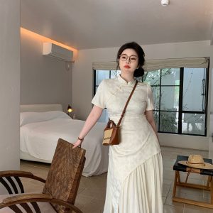 Plus-Size Zen-Inspired Body-Shaping Dress, Elegant Irregular White Design, Chinese Style, Trendy for Y2K and Modern Fashion