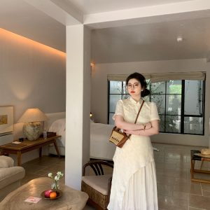 Plus-Size Zen-Inspired Body-Shaping Dress, Elegant Irregular White Design, Chinese Style, Trendy for Y2K and Modern Fashion