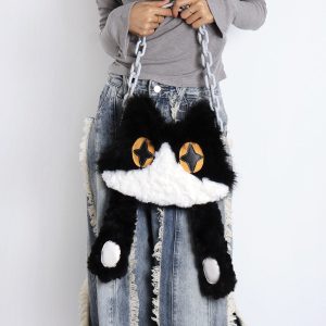 Plush Cow Cat Crossbody Bag for Students - Cute Face-Covering Design, Autumn Winter Niche Style