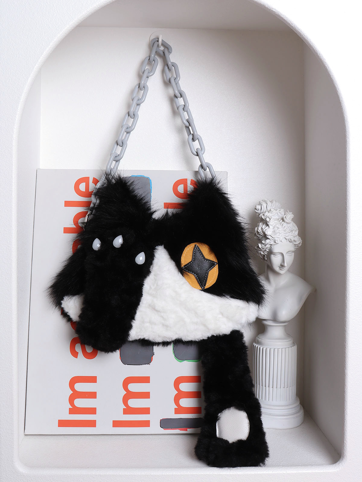 Plush Cow Cat Crossbody Bag for Students - Cute Face-Covering Design, Autumn Winter Niche Style Plush Cow Cat Crossbody Bag for Students - Cute Face-Covering Design, Autumn Winter Niche Style