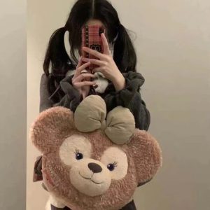 Plush Duffy Bear Big Face Bag - Versatile Cartoon Teddy Bear Doll Double Shoulder Handbag in Snow Pear Rose - Y2K Style