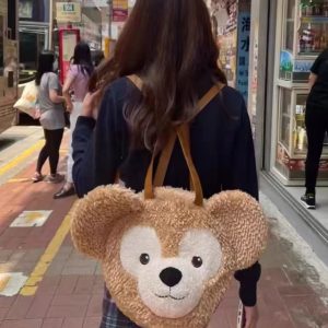 Plush Duffy Bear Big Face Bag - Versatile Cartoon Teddy Bear Doll Double Shoulder Handbag in Snow Pear Rose - Y2K Style