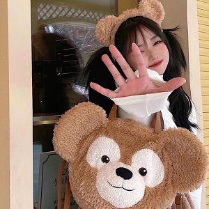 Plush Duffy Bear Big Face Bag - Versatile Cartoon Teddy Bear Doll Double Shoulder Handbag in Snow Pear Rose - Y2K Style
