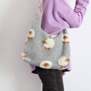 Plush Gray Lamb Tote Bag for Women, Soft and Cute Large Capacity Design, Trendy Niche Style