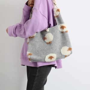 Plush Gray Lamb Tote Bag for Women, Soft and Cute Large Capacity Design, Trendy Niche Style