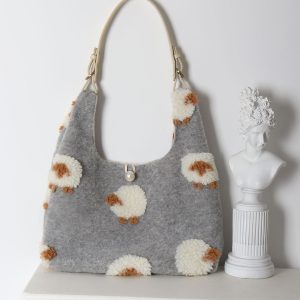 Plush Gray Lamb Tote Bag for Women, Soft and Cute Large Capacity Design, Trendy Niche Style