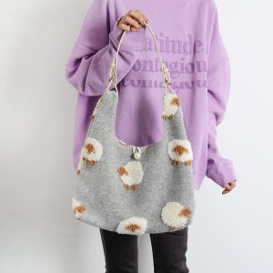 Plush Gray Lamb Tote Bag for Women, Soft and Cute Large Capacity Design, Trendy Niche Style